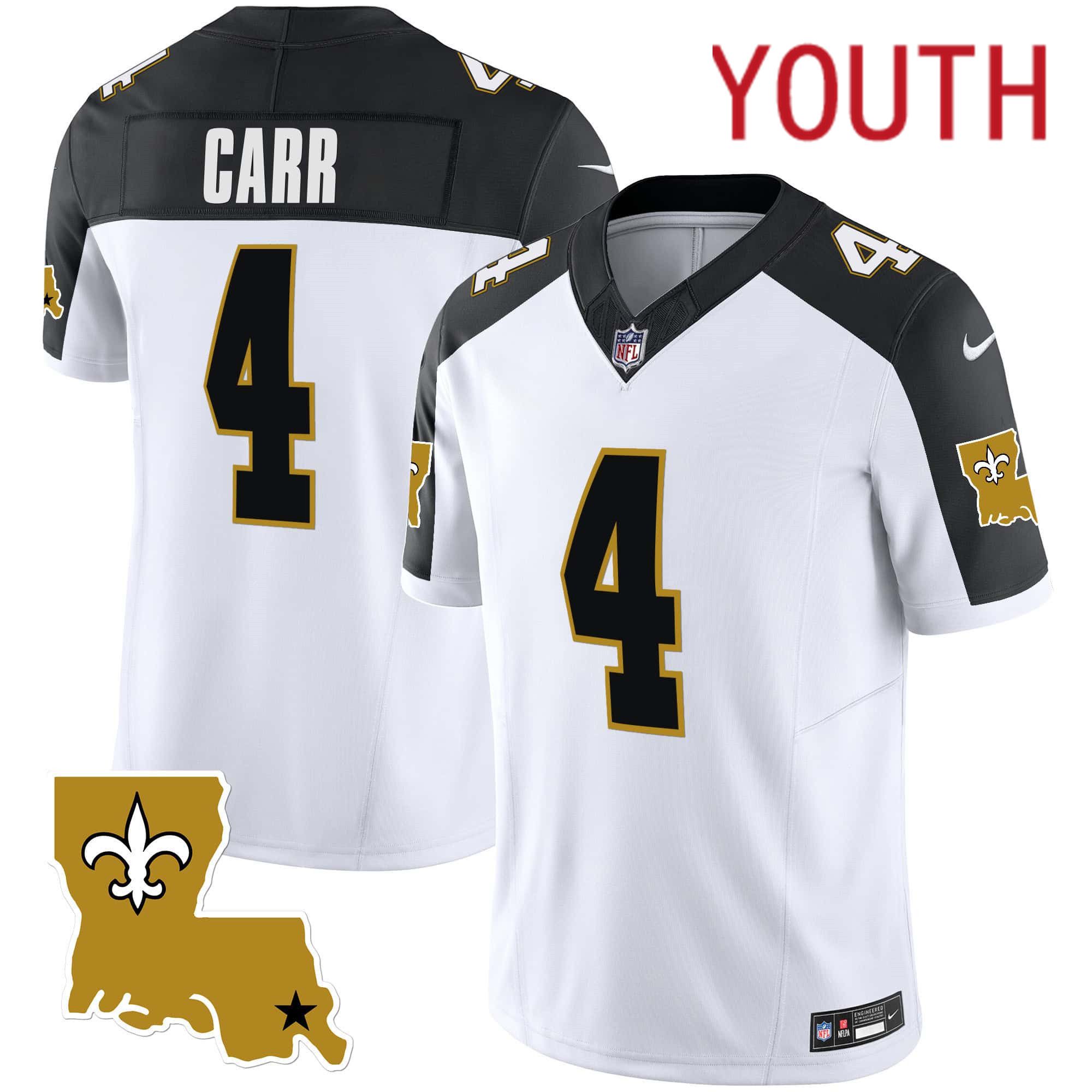 Youth New Orleans Saints #4 Carr White 2024 Nike 1987 Legacy Vapor Limited NFL Jersey style 1